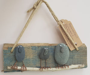 Artwork created from driftwood & pebbles, original works of art in acrylics & oil pastel, hand painted T-shirts inspired by & made in the beautiful Llyn Peninsula, North Wales 