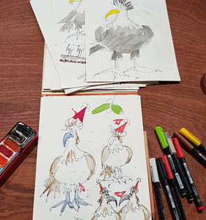 Hand drawn, pen & ink cartoon cards